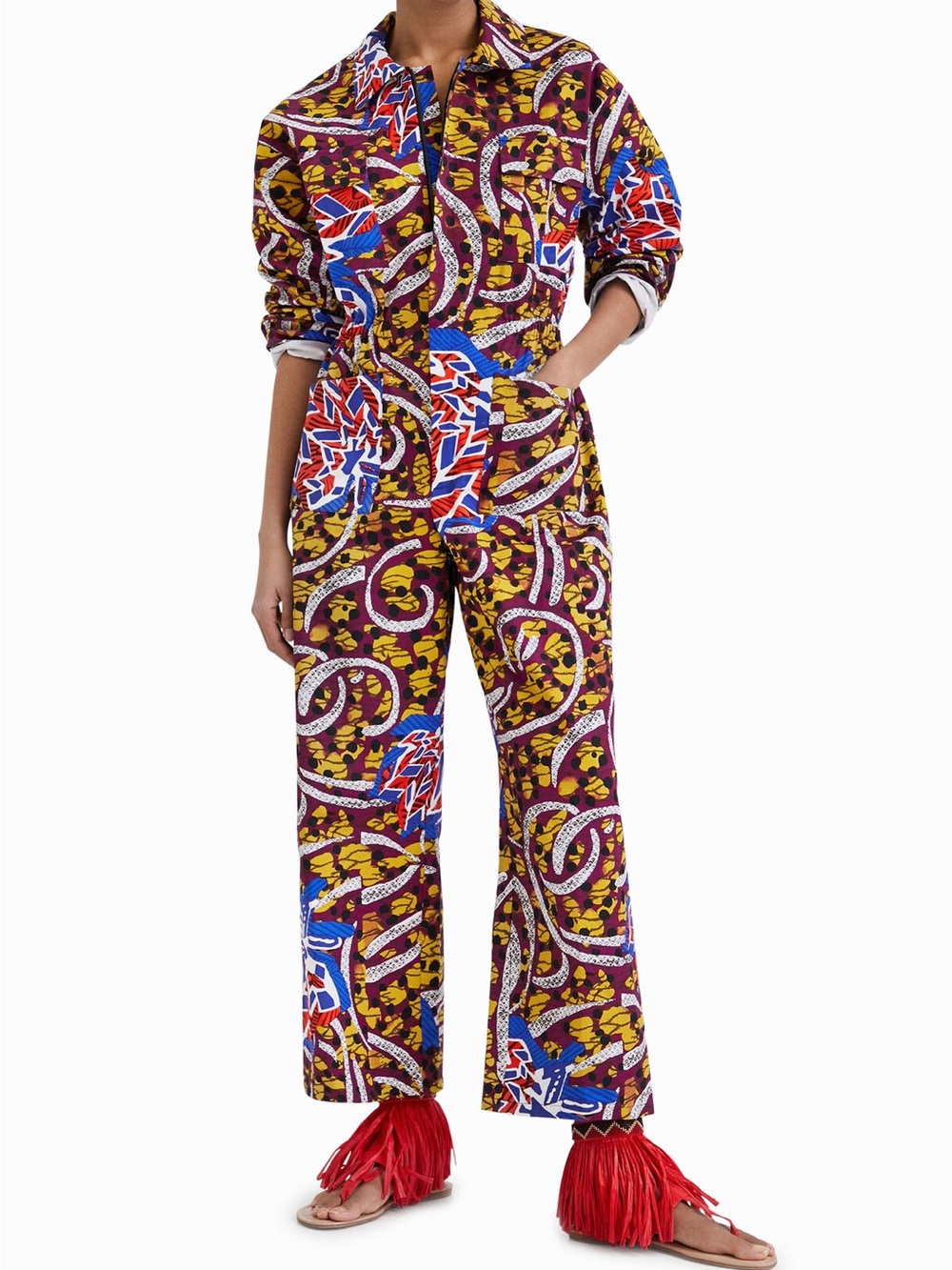 Desigual x Stella Jean Bold Print Cotton Jumpsuit Long Sleeve Boho Med